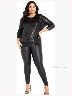 Plus Size Sequin Top with 3/4 Sleeves Relaxed Fit Pullover
